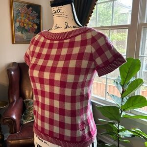 AUTH CHANEL Pink and White Checkered Cashmere top Size 36/S